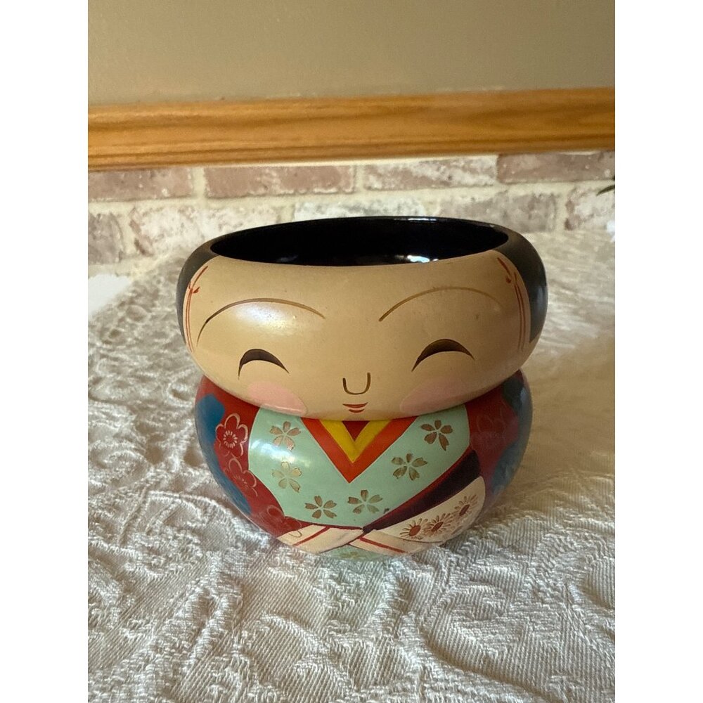 Vintage Japanese 2-Part Lacquer Figural Kokeshi Doll Bento Box